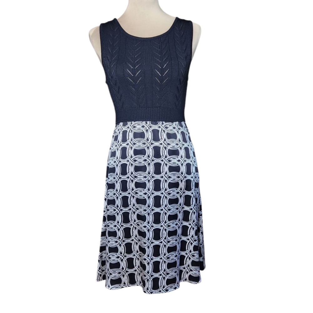 Bebe Y2K Black Knit & Silk Chain Print  Dress Size Medium Mod Chic